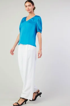 Short Sleeve Tops-Current Air Cuffed Pleated Yoke top BLUE