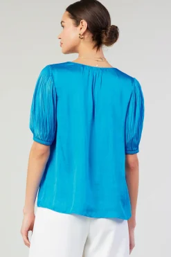 Short Sleeve Tops-Current Air Cuffed Pleated Yoke top BLUE