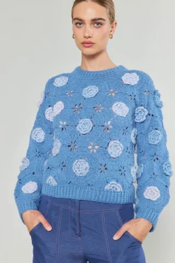 Knitwear|Sweaters-Current Air 3D Floral Crochet Sweater BLUEMLT