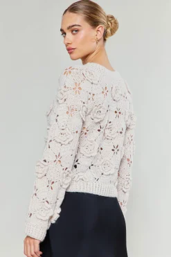 Knitwear|Sweaters-Current Air 3D Floral Crochet Sweater IVORY