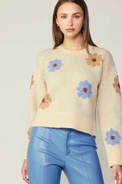 Knitwear|Sweaters-Current Air Daisy Embroidered Sweater CREAM