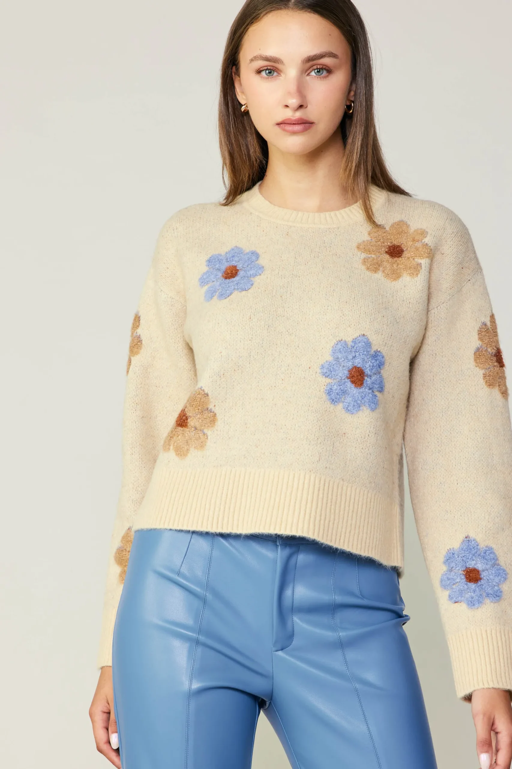 Knitwear|Sweaters-Current Air Daisy Embroidered Sweater CREAM