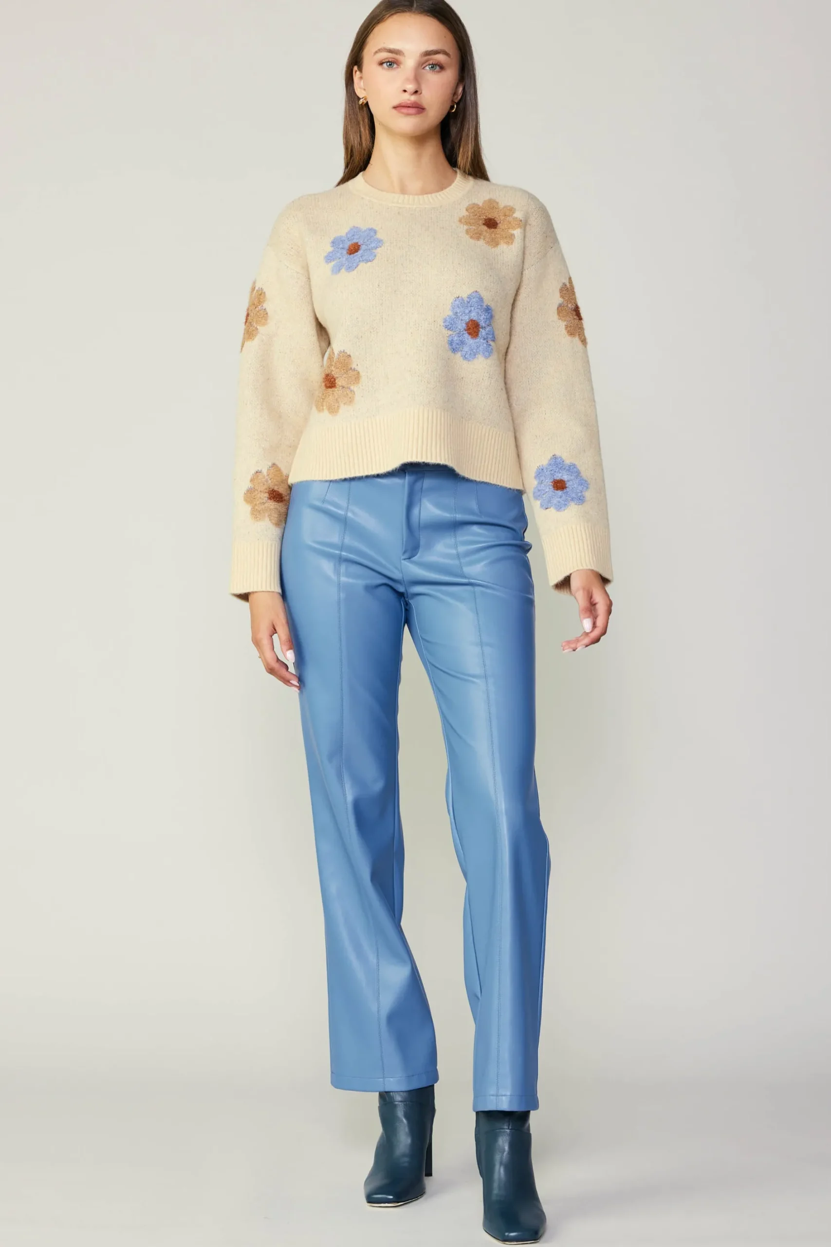 Knitwear|Sweaters-Current Air Daisy Embroidered Sweater CREAM