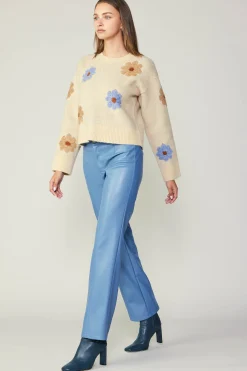 Knitwear|Sweaters-Current Air Daisy Embroidered Sweater CREAM