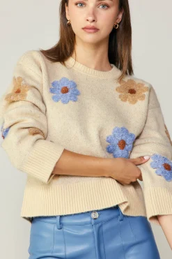 Knitwear|Sweaters-Current Air Daisy Embroidered Sweater CREAM