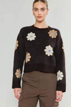 Knitwear|Sweaters-Current Air Daisy Embroidered Sweater BROWN