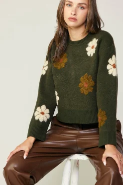 Knitwear|Sweaters-Current Air Daisy Embroidered Sweater KHAKI