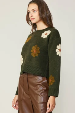 Knitwear|Sweaters-Current Air Daisy Embroidered Sweater KHAKI