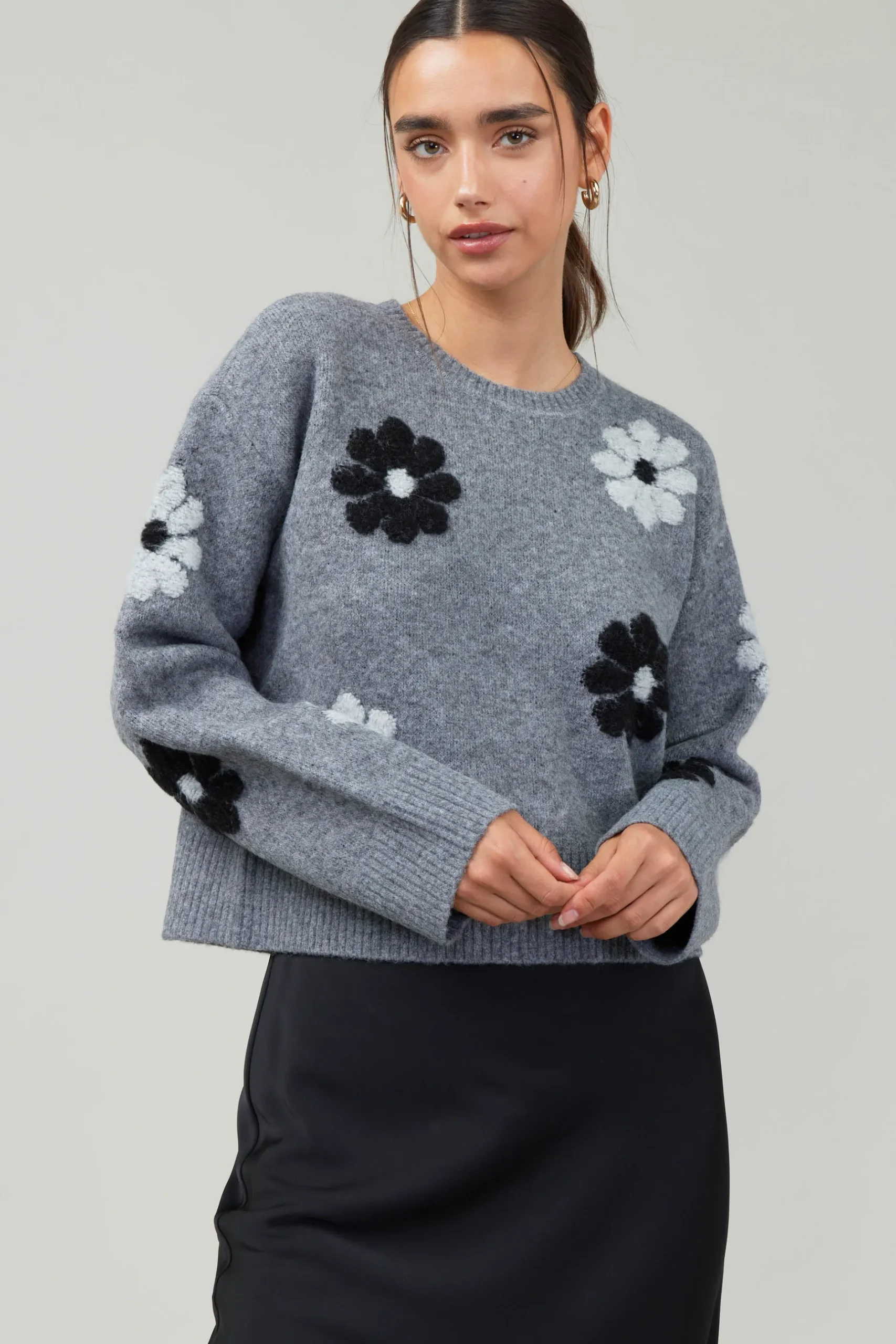 Knitwear|Sweaters-Current Air Daisy Embroidered Sweater MELANGEGREY