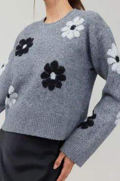 Knitwear|Sweaters-Current Air Daisy Embroidered Sweater MELANGEGREY