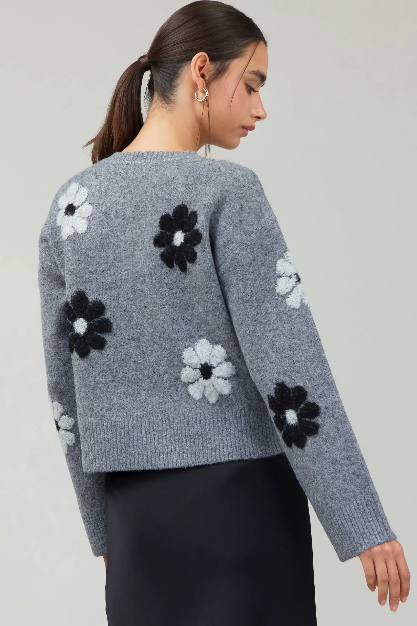 Knitwear|Sweaters-Current Air Daisy Embroidered Sweater MELANGEGREY