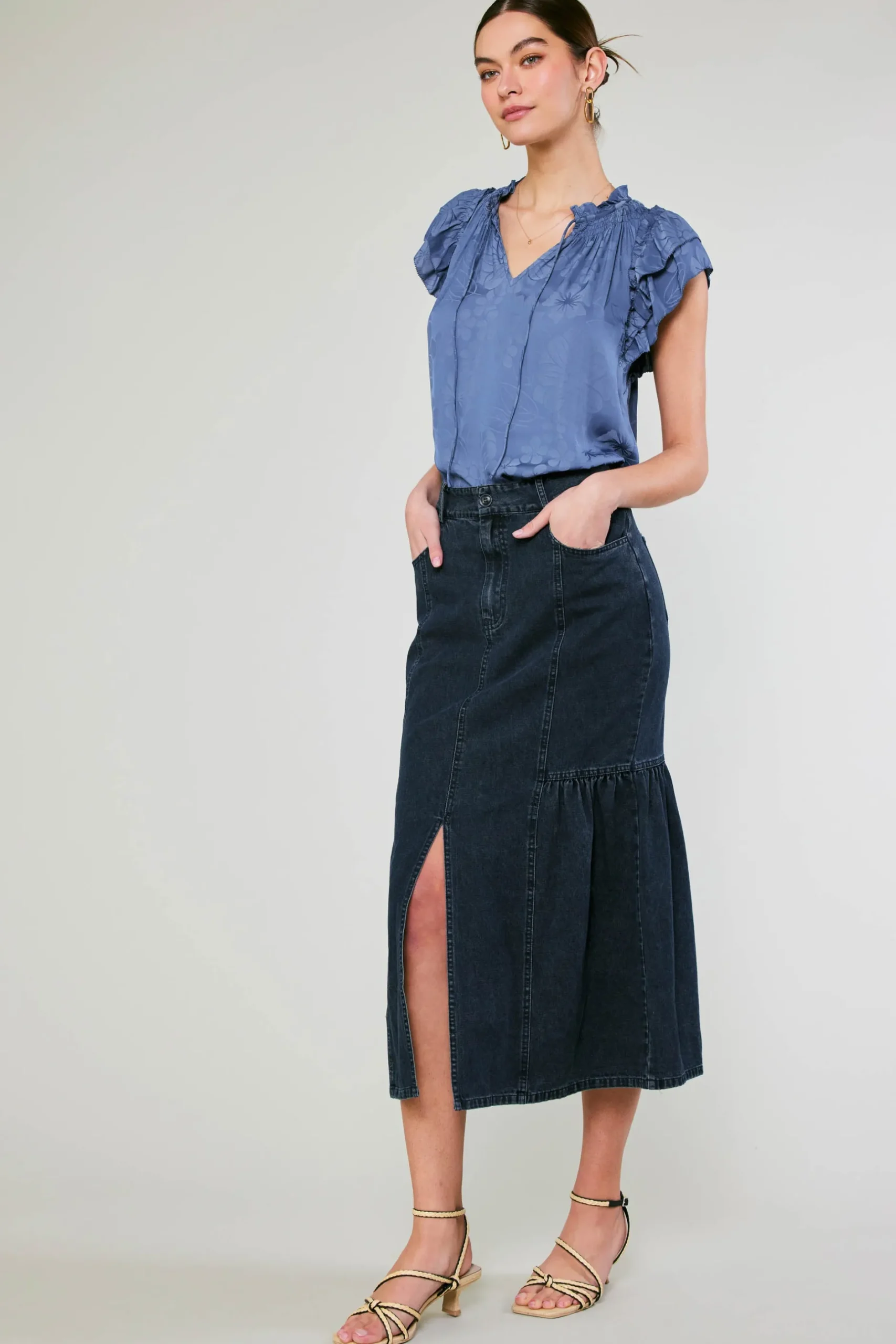 Skirts-Current Air Denim Midi Skirt INDIGO