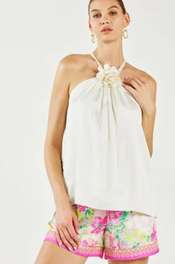 Sleeveless Tops-Current Air Detachable Rosette Halter Top PEARL