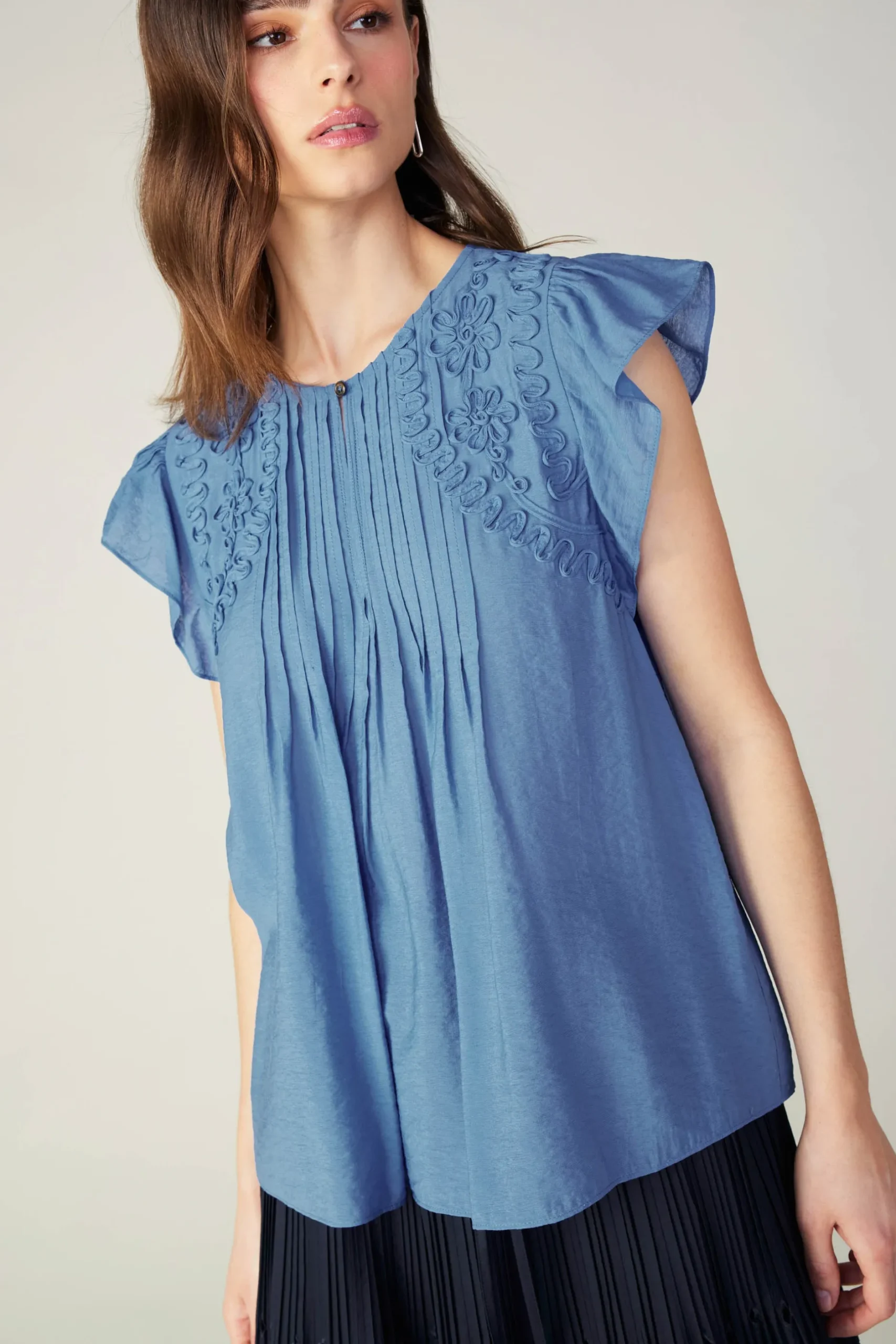 Sleeveless Tops|Short Sleeve Tops-Current Air Embroidered Cap Sleeve Top DENIMBLUE