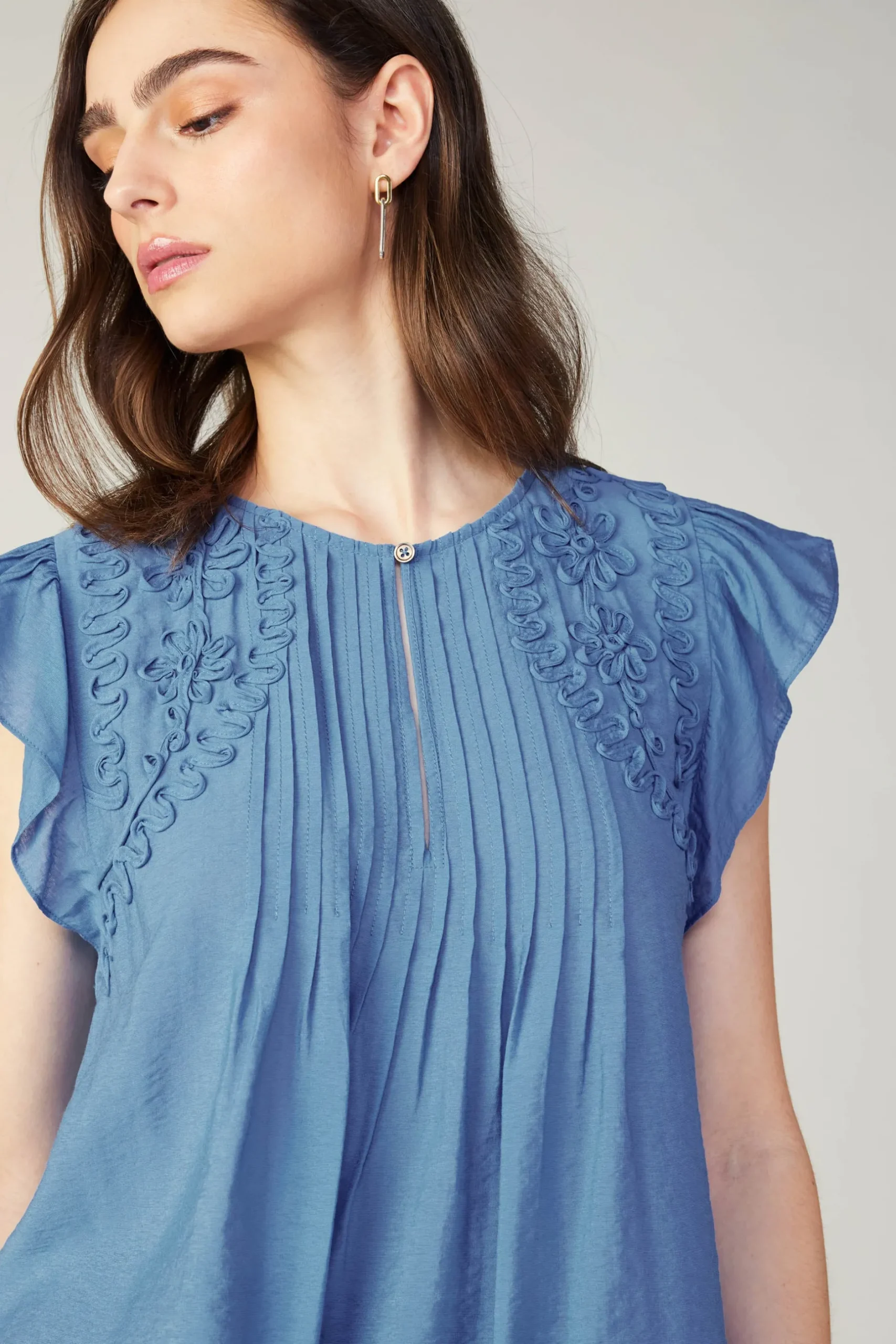 Sleeveless Tops|Short Sleeve Tops-Current Air Embroidered Cap Sleeve Top DENIMBLUE