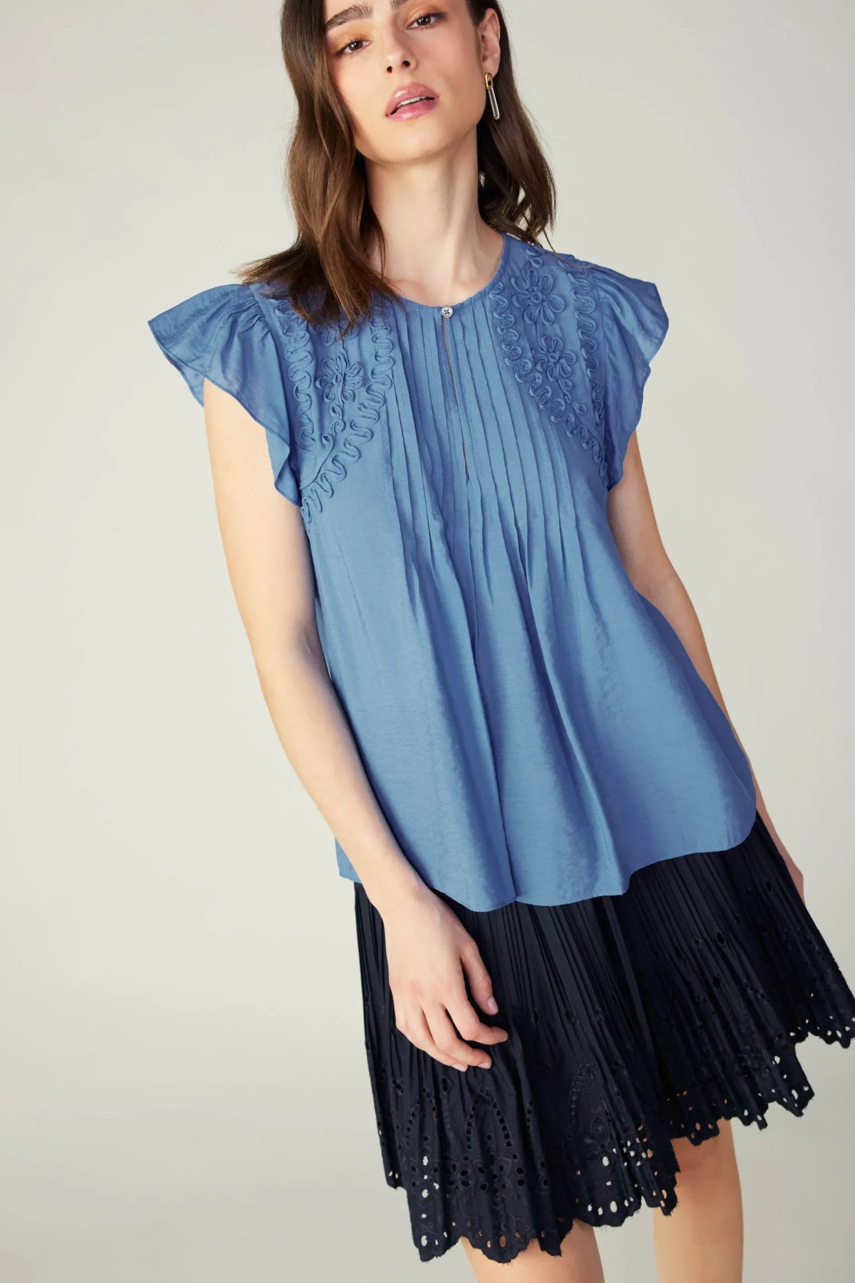 Sleeveless Tops|Short Sleeve Tops-Current Air Embroidered Cap Sleeve Top DENIMBLUE