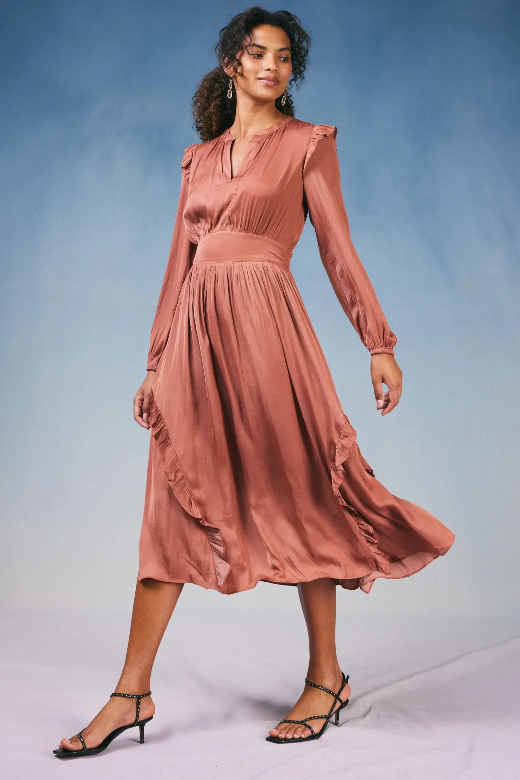 Midi Dresses-Current Air Emmaline Ruffled Midi Dress CARAMEL