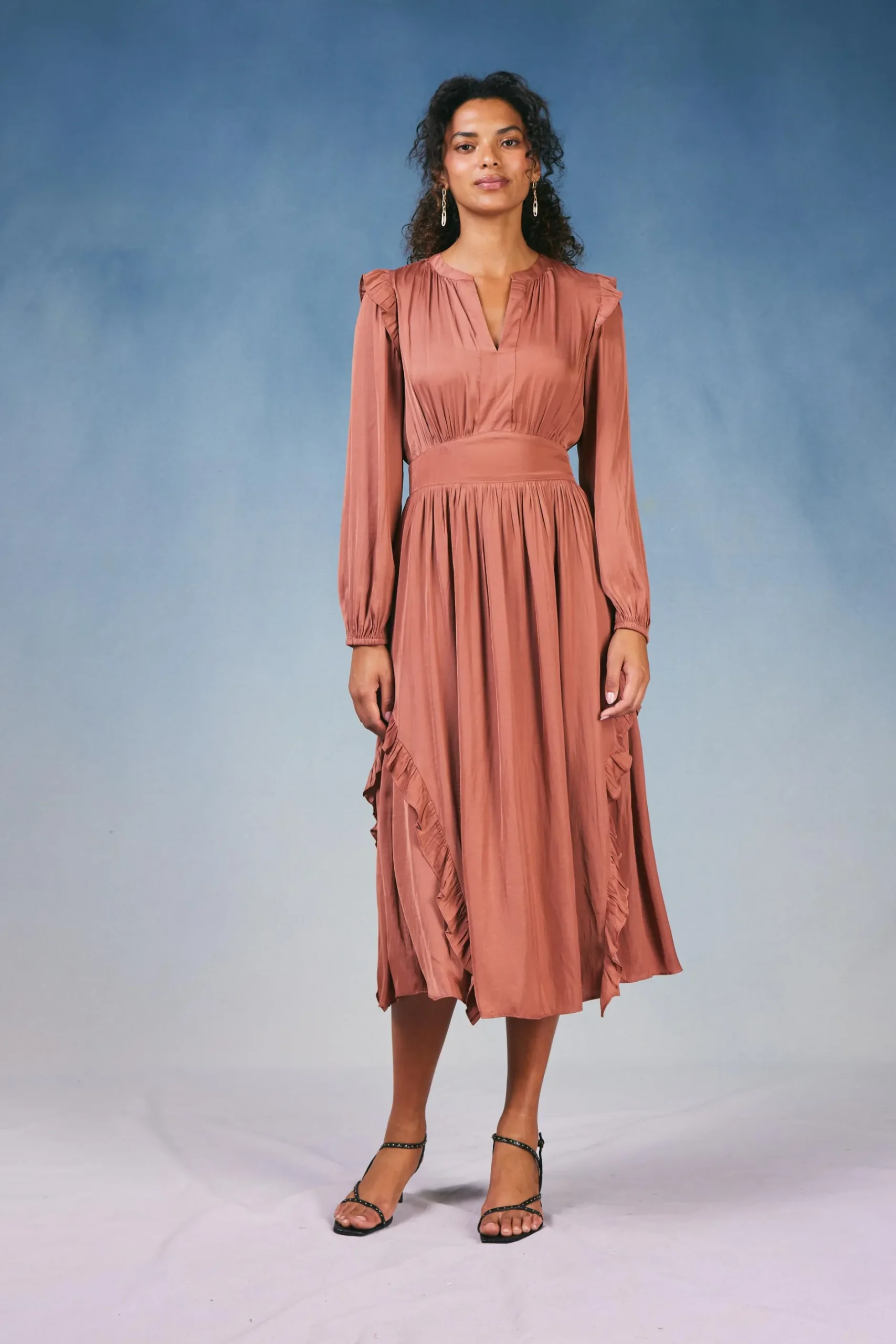 Midi Dresses-Current Air Emmaline Ruffled Midi Dress CARAMEL