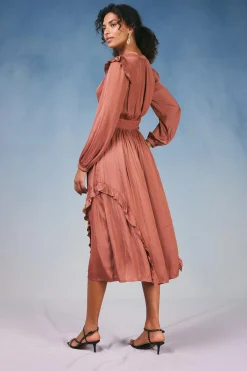 Midi Dresses-Current Air Emmaline Ruffled Midi Dress CARAMEL