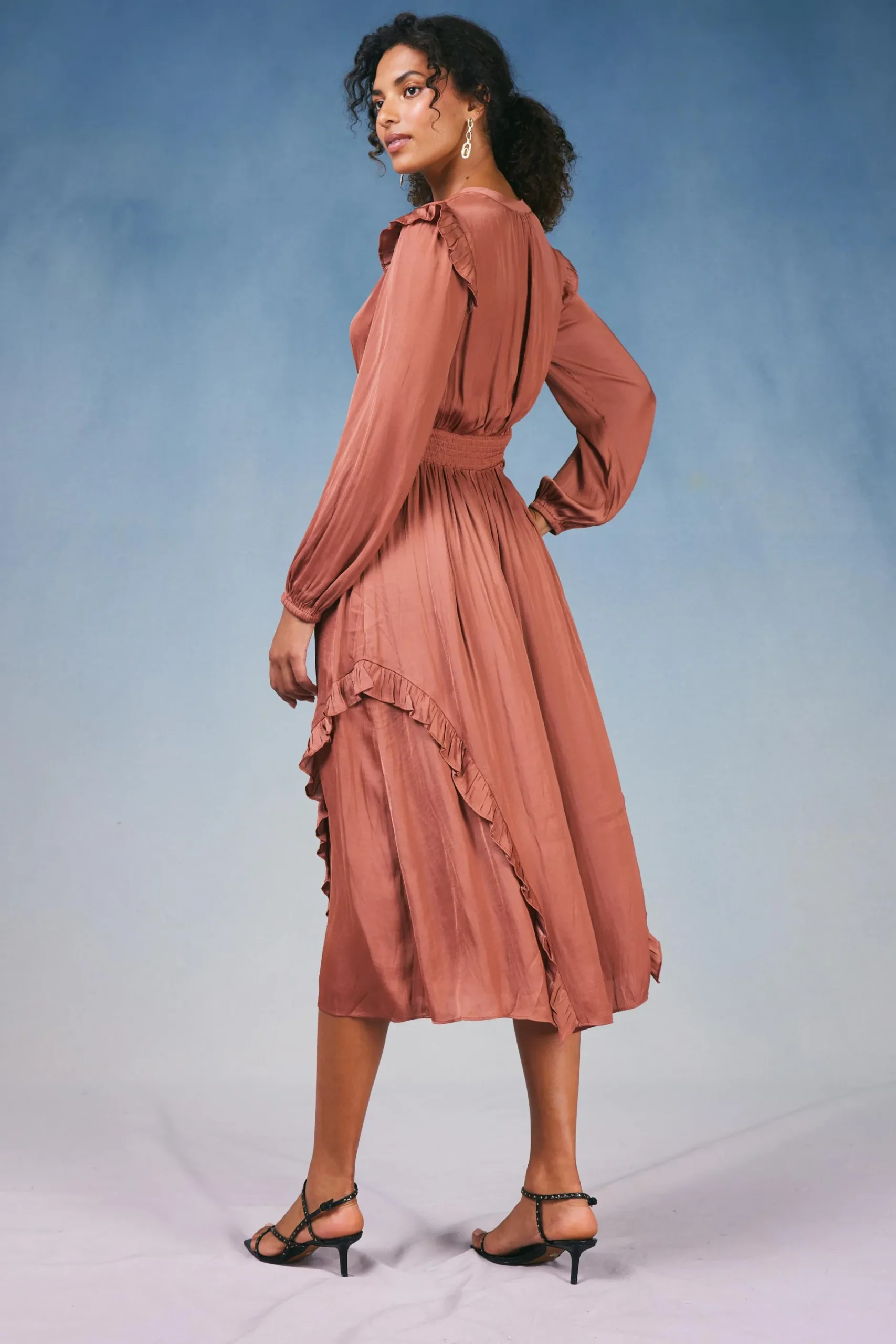 Midi Dresses-Current Air Emmaline Ruffled Midi Dress CARAMEL