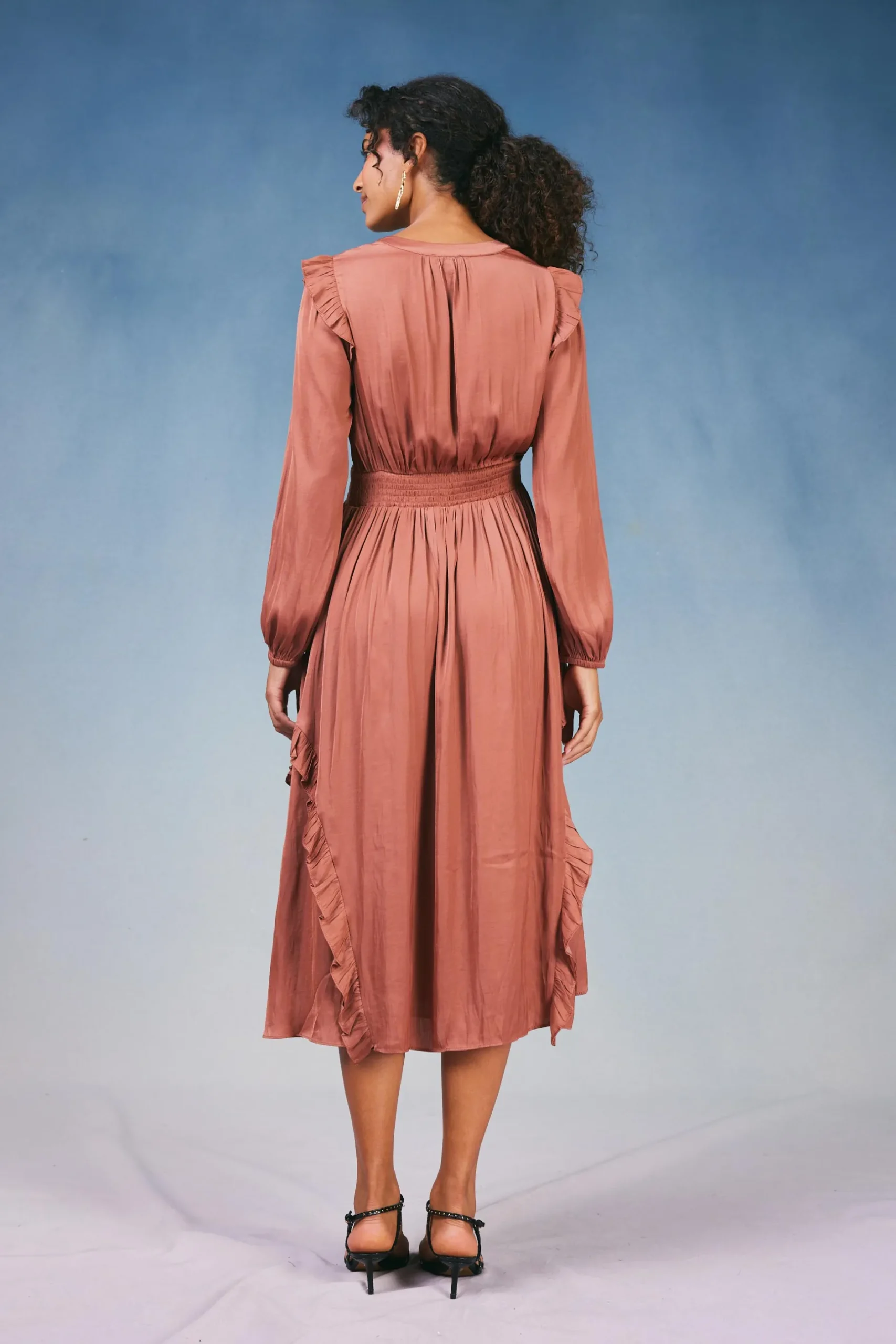 Midi Dresses-Current Air Emmaline Ruffled Midi Dress CARAMEL