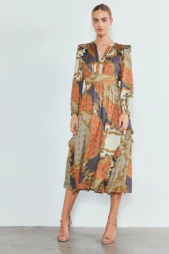 Midi Dresses-Current Air Emmaline Ruffled Midi Dress BROWNMLT