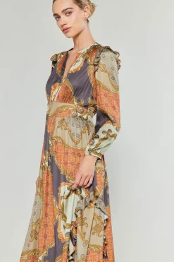 Midi Dresses-Current Air Emmaline Ruffled Midi Dress BROWNMLT