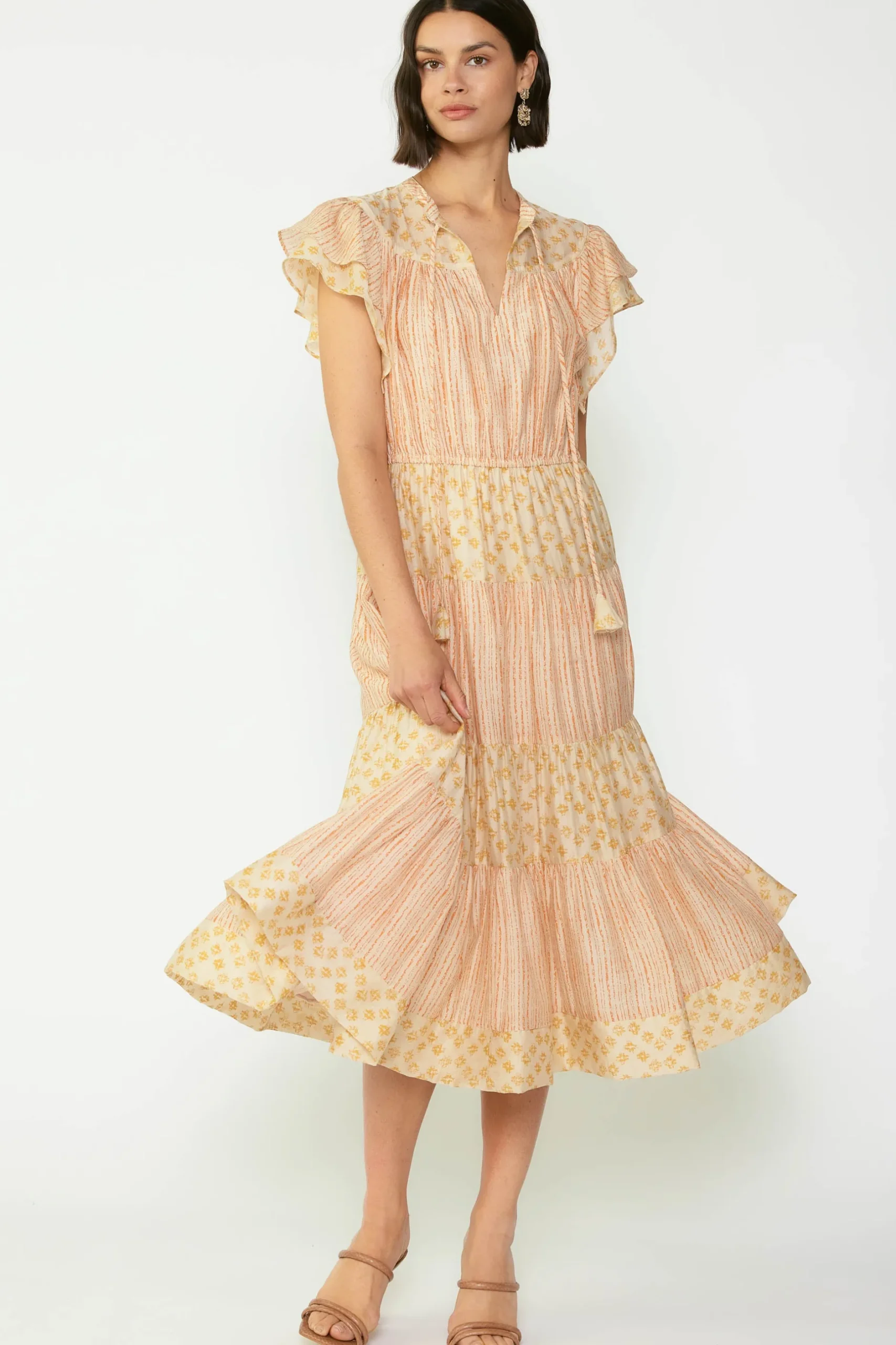 Midi Dresses-Current Air Everleigh Flutter Sleeve Midi Dress APRICOTMLT