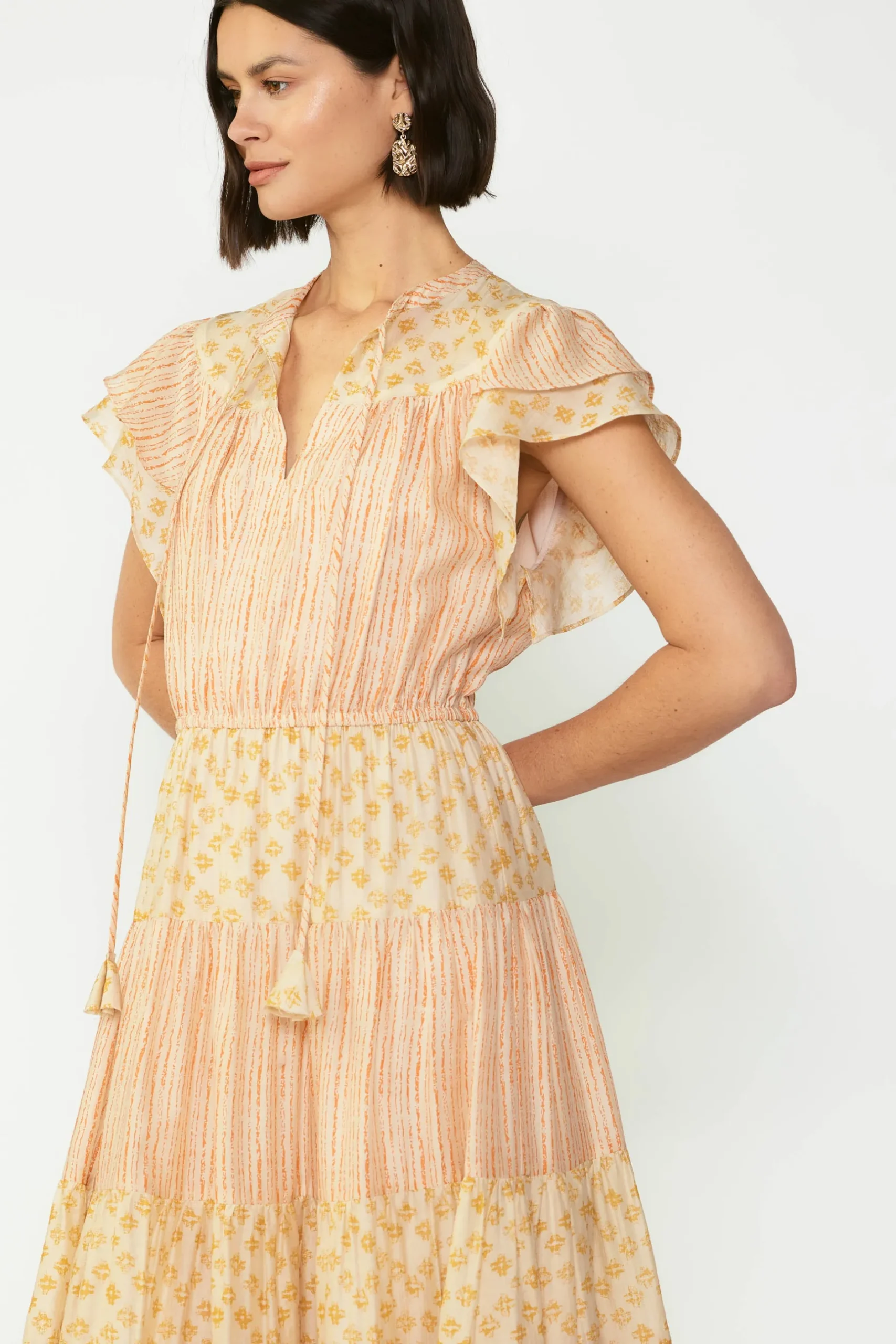 Midi Dresses-Current Air Everleigh Flutter Sleeve Midi Dress APRICOTMLT