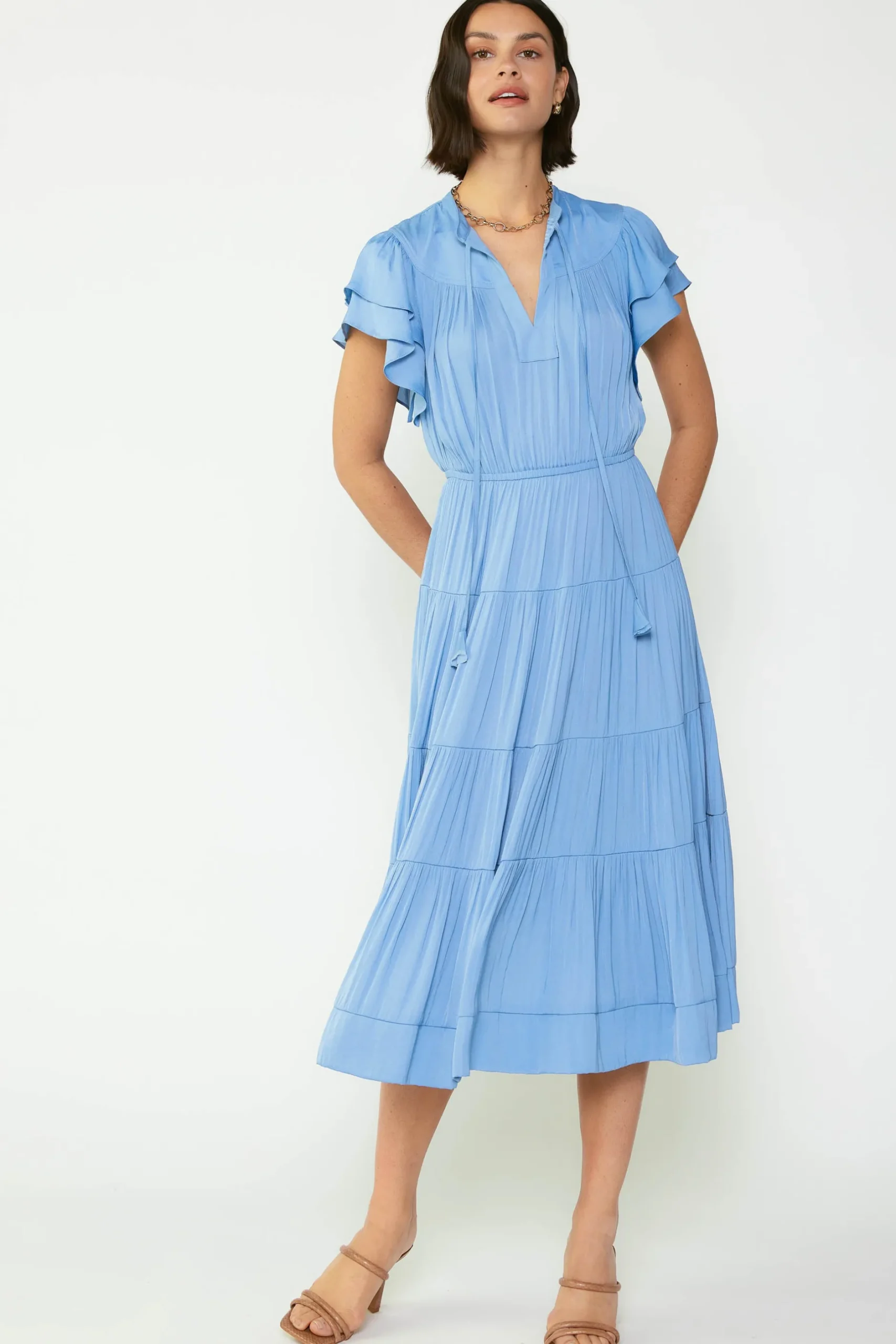 Midi Dresses-Current Air Everleigh Flutter Sleeve Midi Dress LIGHTDUSTYBLUE