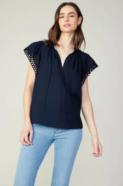 Sleeveless Tops-Current Air Eyelet Blouse NAVY
