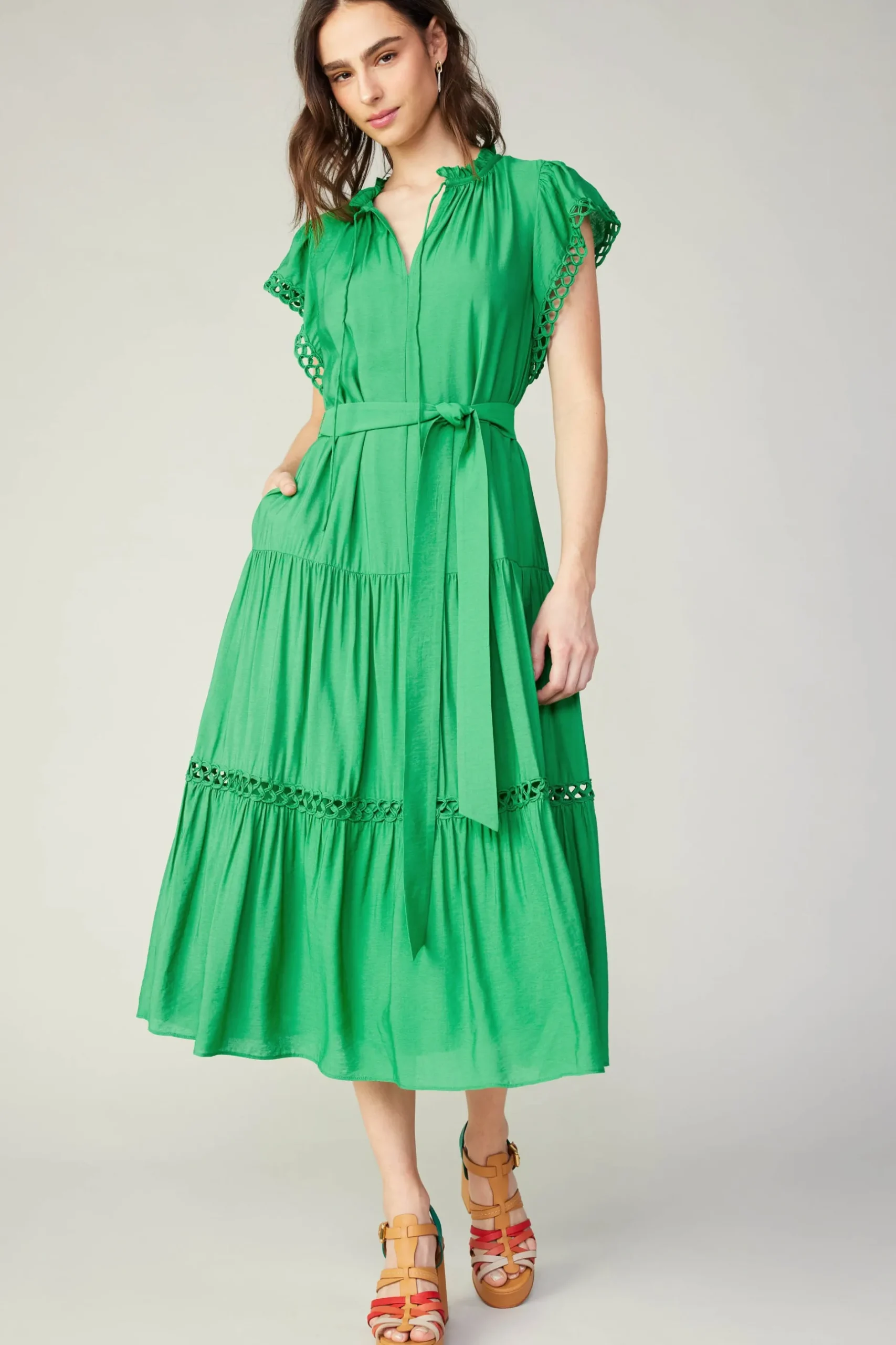 Midi Dresses-Current Air Eyelet Lace Midi Dress SPRINGGREEN
