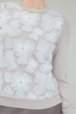 Knitwear|Sweaters-Current Air Floral Applique Sweater LIGHTBEIGE