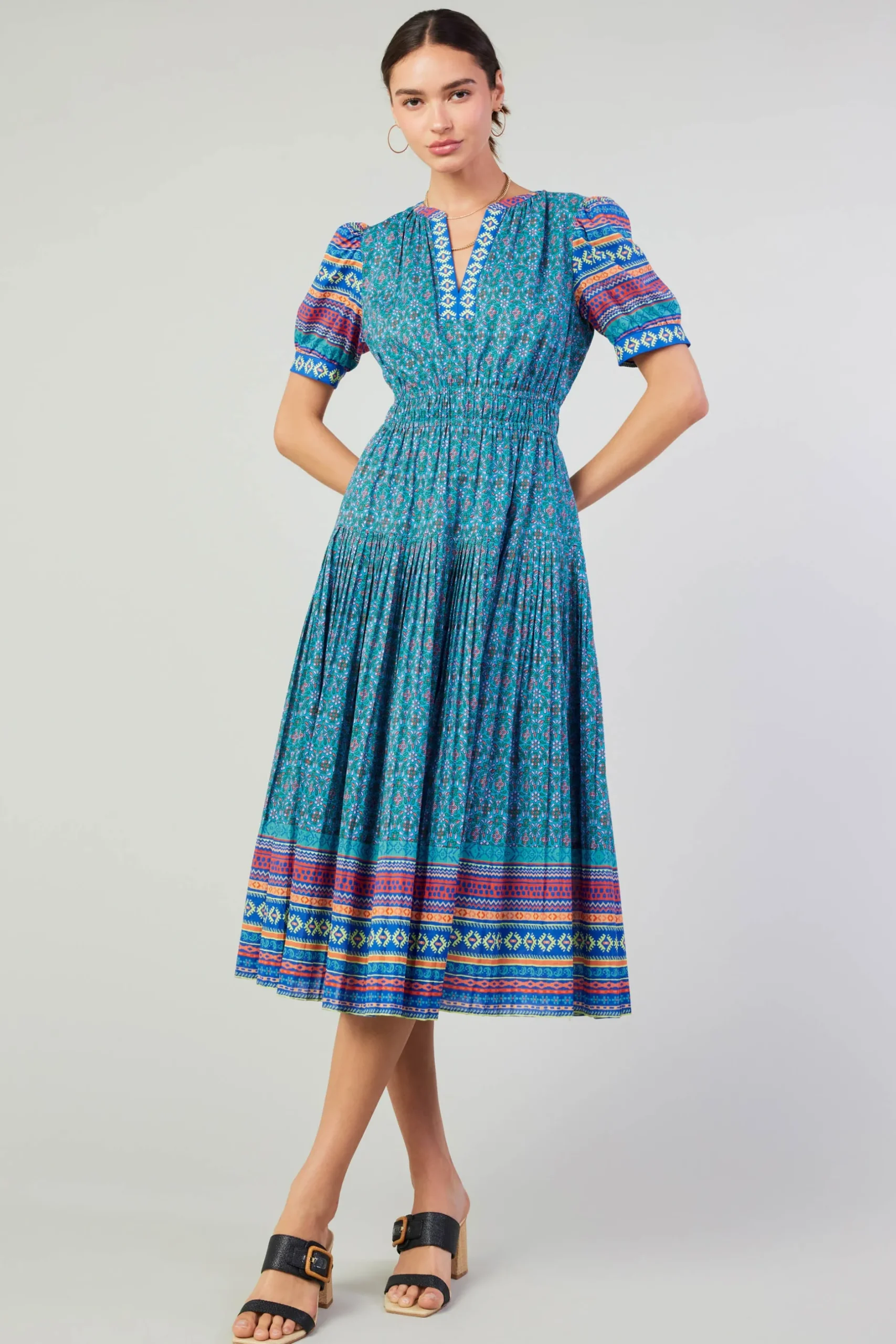Midi Dresses-Current Air Floral Bohemian Midi Dress BLUEMLT