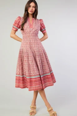 Midi Dresses-Current Air Floral Bohemian Midi Dress REDMLT