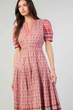 Midi Dresses-Current Air Floral Bohemian Midi Dress REDMLT