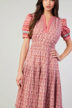 Midi Dresses-Current Air Floral Bohemian Midi Dress REDMLT