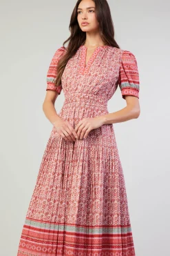 Midi Dresses-Current Air Floral Bohemian Midi Dress REDMLT