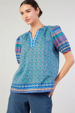 Short Sleeve Tops-Current Air Floral Bohemian Top BLUEMLT