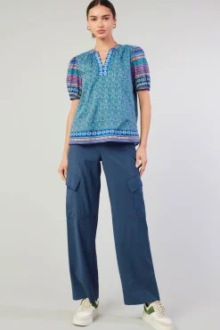 Short Sleeve Tops-Current Air Floral Bohemian Top BLUEMLT