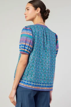 Short Sleeve Tops-Current Air Floral Bohemian Top BLUEMLT