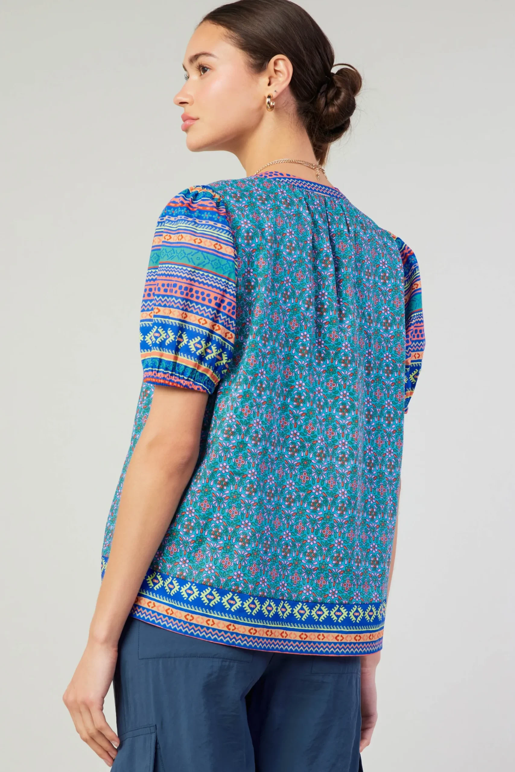 Short Sleeve Tops-Current Air Floral Bohemian Top BLUEMLT