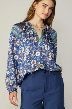 Long Sleeve Tops-Current Air Floral Border Print Blouse NAVYFLORALMLT
