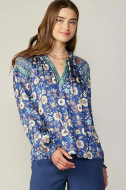 Long Sleeve Tops-Current Air Floral Border Print Blouse NAVYFLORALMLT