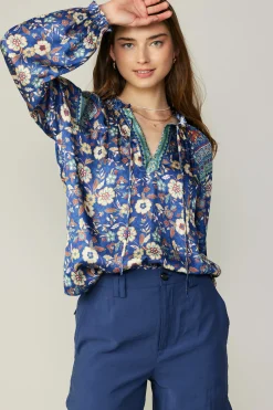 Long Sleeve Tops-Current Air Floral Border Print Blouse NAVYFLORALMLT