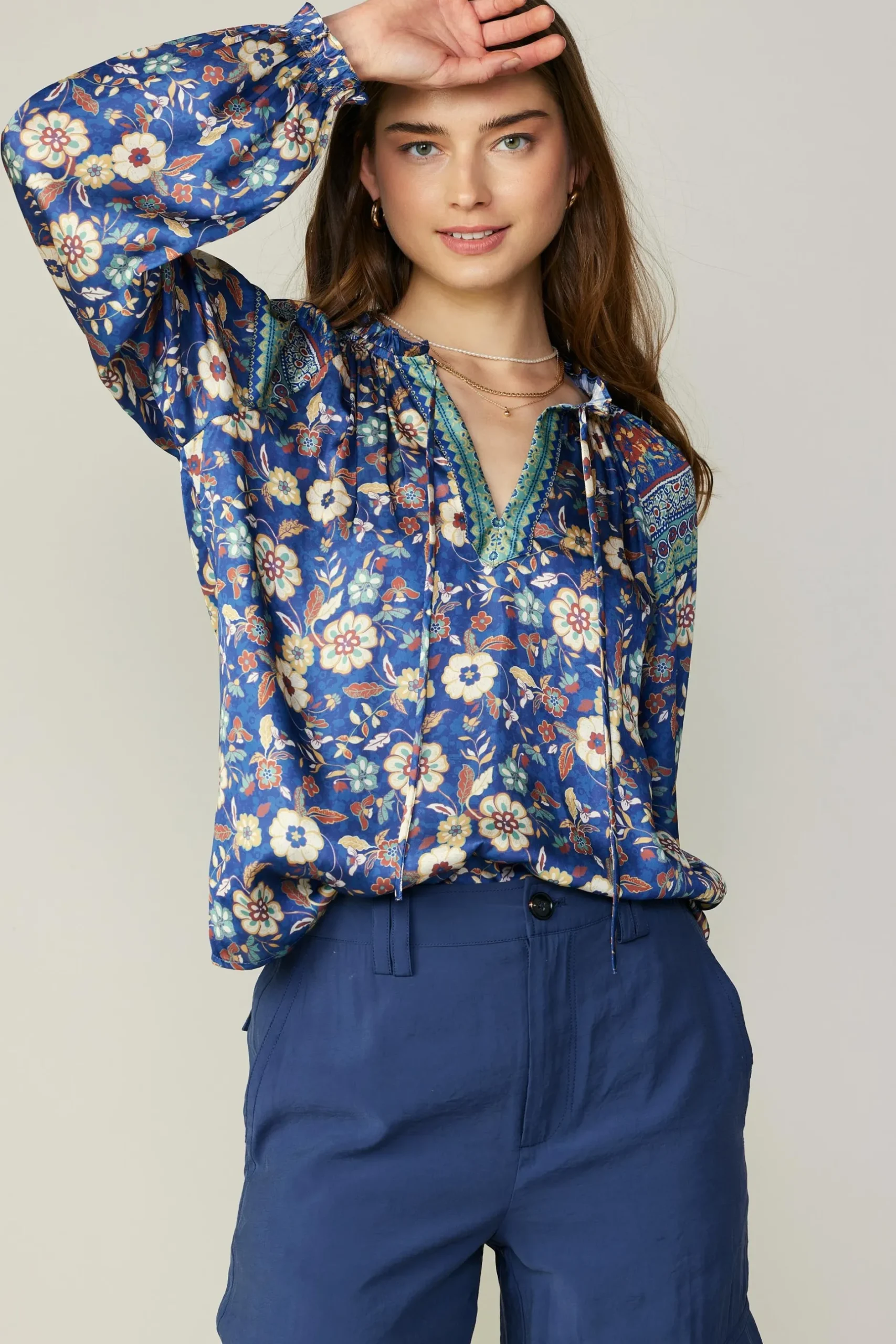 Long Sleeve Tops-Current Air Floral Border Print Blouse NAVYFLORALMLT