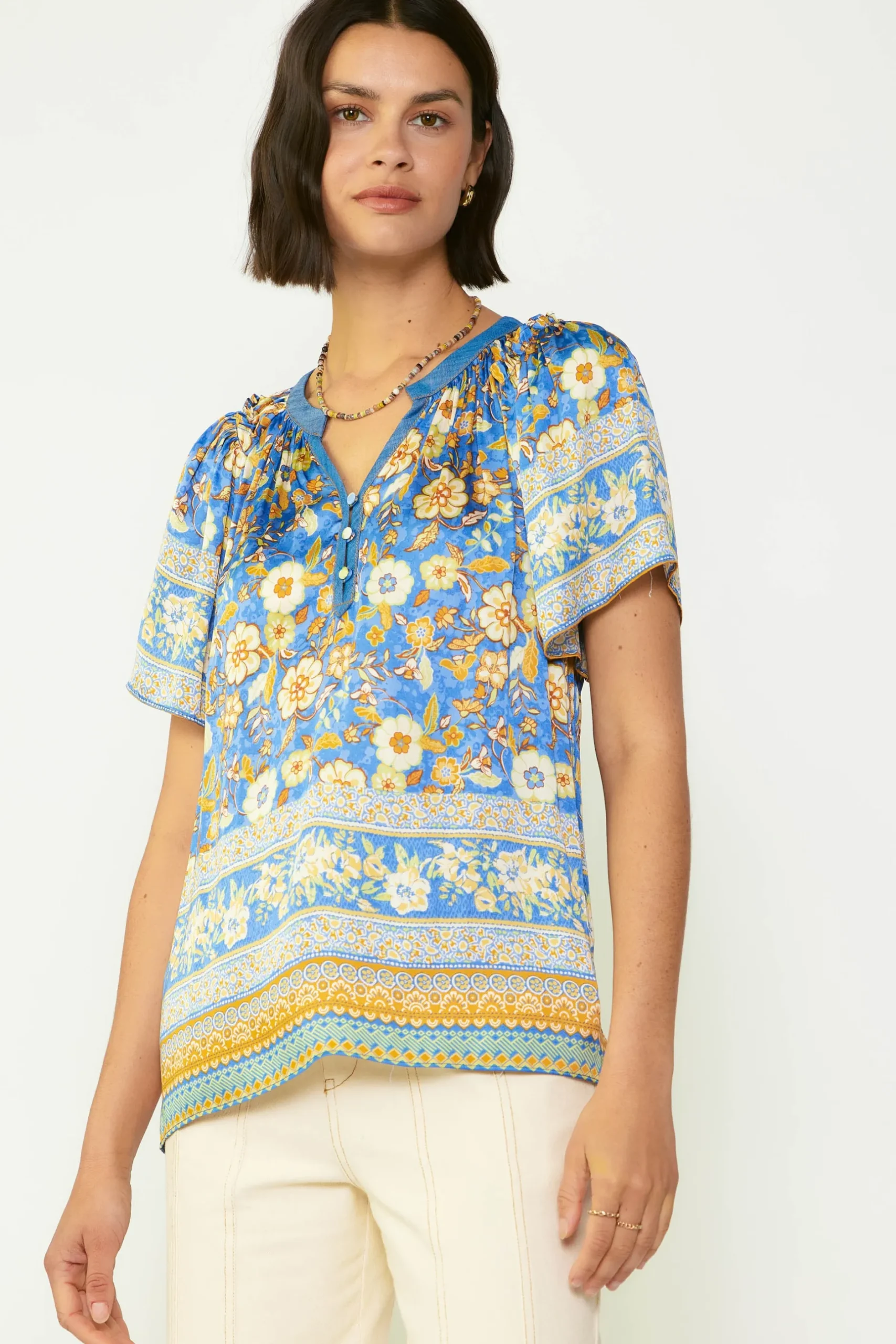 Short Sleeve Tops-Current Air Floral Border Print Blouse BLUESAND