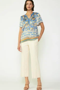 Short Sleeve Tops-Current Air Floral Border Print Blouse BLUESAND