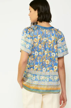 Short Sleeve Tops-Current Air Floral Border Print Blouse BLUESAND