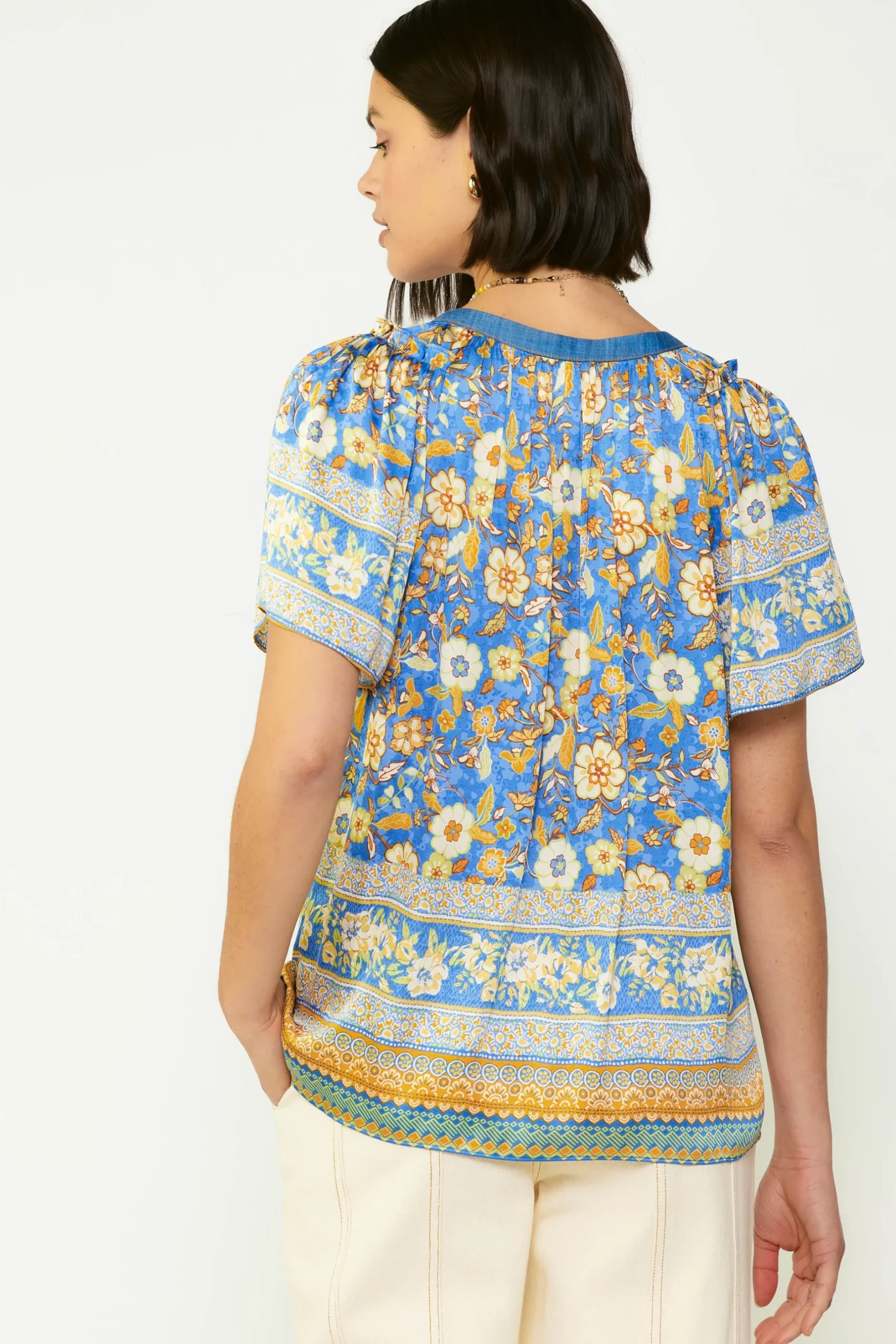 Short Sleeve Tops-Current Air Floral Border Print Blouse BLUESAND